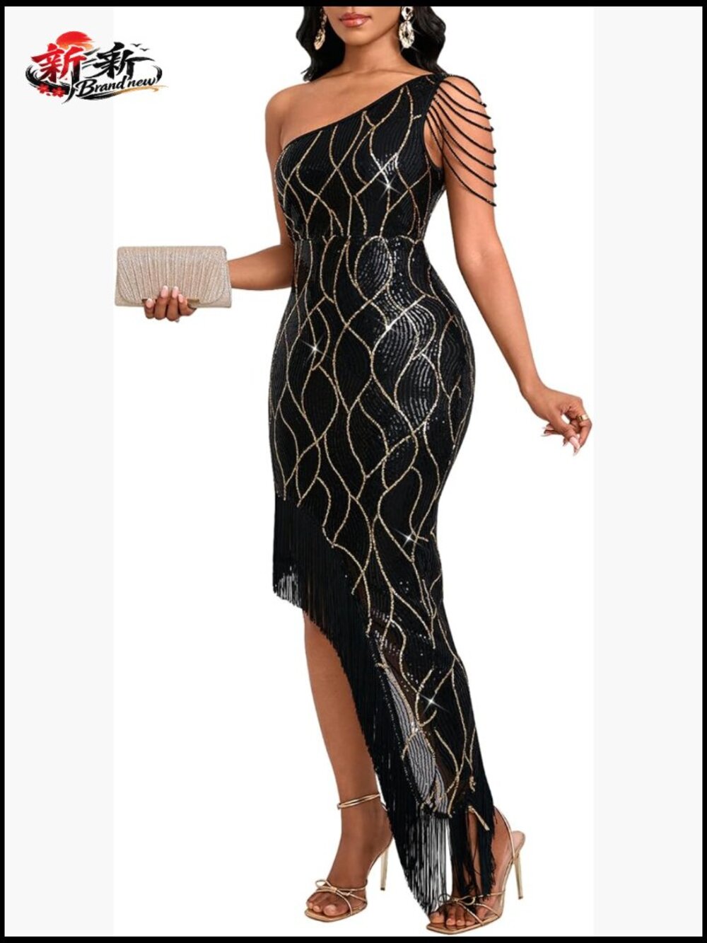 Sequin One Shoulder Mermaid Bodycon Midi Cocktail Party Dress